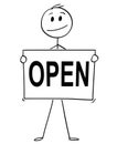 Cartoon of Man or Businessman Holding Sign With Open Text