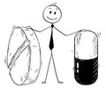 Cartoon of Businessman Holding Two Big Pills Royalty Free Stock Photo