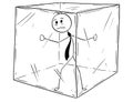 Conceptual Cartoon of Businessman Imprisoned Inside the Glass Bubble Cube Royalty Free Stock Photo