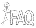 Cartoon of Man or Businessman leaning on Big FAQ Sign Text