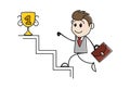 Cartoon stick man drawing conceptual illustration of businessman running up stairs for a reward, award, prize, trophy. Man Royalty Free Stock Photo