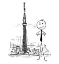 Cartoon of Businessman Standing in Front of Tokyo Skytree tower, Japan