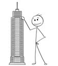 Cartoon of Man or Businessman Standing With Skyscraper Building Model