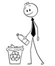 Cartoon of Businessman Throwing Plastic Bottle in Recycle Trash Bin