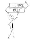 Cartoon of Businessman Writing on Future and Past Text Decision Arrow Sign