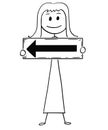 Cartoon of Businesswoman or Woman Holding Arrow Sign Pointing Left