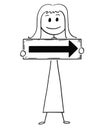 Cartoon of Businesswoman or Woman Holding Arrow Sign Pointing Right