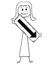 Cartoon of Businesswoman or Woman Holding Arrow Sign Pointing Right and Down