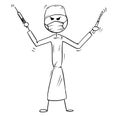 Cartoon of Crazy, Mad or Insane Doctor Surgeon Holding Scalpel and Syringe