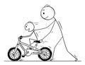 Cartoon of Father and Son Learning to Ride a Bike or Bicycle