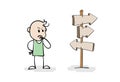 Cartoon stick man drawing conceptual illustration of frustrated man on crossroad thinks for right way to go. Man confused Royalty Free Stock Photo