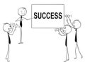 Cartoon of Business People Applauding to Speaker Pointing at Success Sign