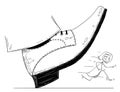 Cartoon of Large Foot Shoe Ready to Step Down on the Businesswoman Royalty Free Stock Photo