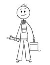 Cartoon of Male Worker With Wrench and Tool Box or Toolbox