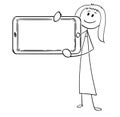 Cartoon of Woman or Businesswoman Holding Large Mobile Phone as Empty or Blank Sign Royalty Free Stock Photo