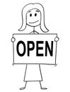 Cartoon of Woman or Businesswoman Holding Sign With Open Text