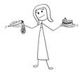 Cartoon of Woman Deciding with Healthy and Unhealthy Food in Hands