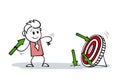 Cartoon stick man drawing illustration of businessman shoots arrows at target and misses. Stickman smiling at difficulties