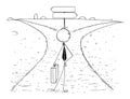 Conceptual Cartoon of Business Man on Crossroad Making Choice
