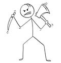 Cartoon of Mad Killer or Murderer With Axe and Knife