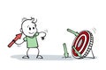 Cartoon stick man drawing illustration of smiling man shoots arrows at target and misses. Stick figure man does not lose hope.