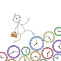 Cartoon stick man running over clocks in hurry Royalty Free Stock Photo