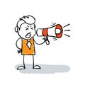 Cartoon Stick man shouting or screaming in loudspeaker. Stick figure drawing angry businessman yelling through megaphone. Stickman Royalty Free Stock Photo