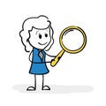 Cartoon stick woman looking through magnifying glass. Drawing of stick figure business woman searching for something