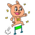 Cartoon sticker of a cat exercising running jumping over obstacles, doodle icon image