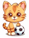 Cartoon sticker cute kitten football player with a soccer ball, AI