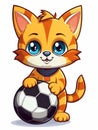 Cartoon sticker cute kitten football player with a soccer ball, AI