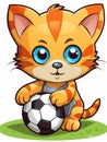 Cartoon sticker cute kitten football player with a soccer ball, AI