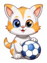 Cartoon sticker cute kitten football player with a soccer ball, AI