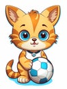 Cartoon sticker cute kitten football player with a soccer ball, AI