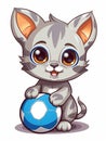 Cartoon sticker cute kitten football player with a soccer ball, AI