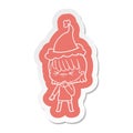 cartoon sticker of a girl regretting a mistake wearing santa hat