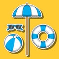 Cartoon sticker set. Beach umbrella, sunglasses, beach ball and life buoy, blue and white striped, on a yellow Royalty Free Stock Photo