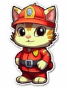 Cartoon sticker sweet kitten dressed as a fireman, AI