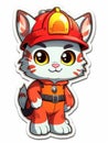 Cartoon sticker sweet kitten dressed as a fireman, AI