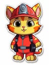 Cartoon sticker sweet kitten dressed as a fireman, AI