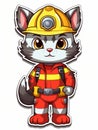 Cartoon sticker sweet kitten dressed as a fireman, AI