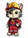 Cartoon sticker sweet kitten dressed as a fireman, AI