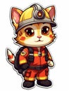 Cartoon sticker sweet kitten dressed as a fireman, AI