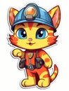 Cartoon sticker sweet kitten dressed as a fireman, AI