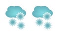 Cartoon sticker with white outline of three snowflakes on cloud background. Snowy weather vector icon. Clipart isolated on white