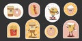 Cartoon stickers and patches set with cake, donut, cupcake, coffee, burger, french fries. Groovy characters in trendy