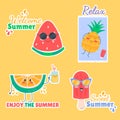 Cartoon stickers summer cute doodle kawaii ice cream, watermelon, pineapple, lime