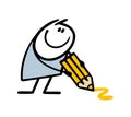 Cartoon stickman boy holds a large yellow pencil and draws with it on the floor. Vector illustration of a funny