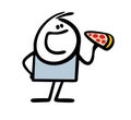 Cartoon stickman character eating pizza slice with open mouth.