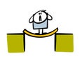 Cartoon stickman clutched his head in fright, stands on an unreliable bridge, the board bent. Vector illustration of a